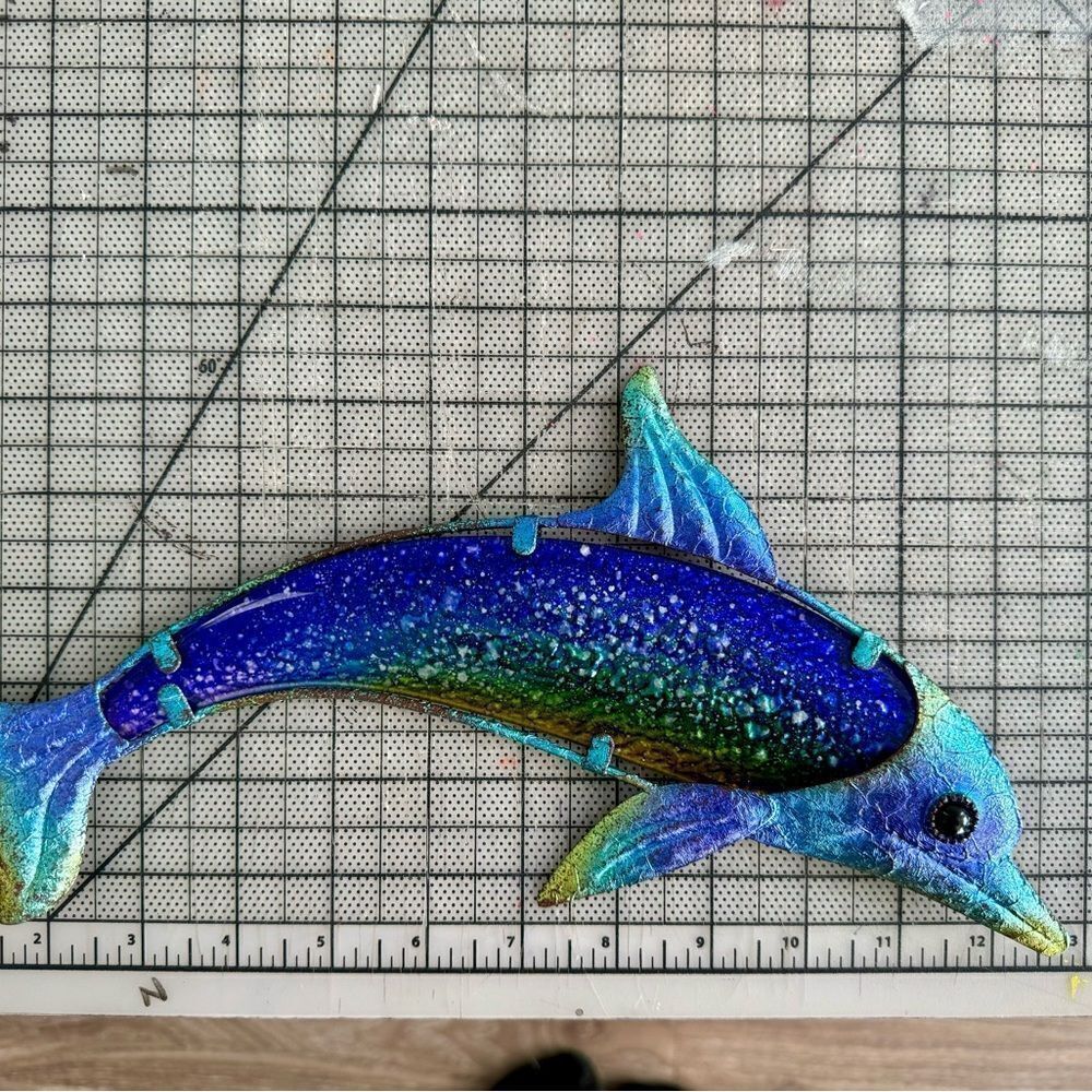 RARE OSALAD Garden Animal of Metal Dolphin Wall Artwork with Blue Painting Glass - Picture 7 of 7